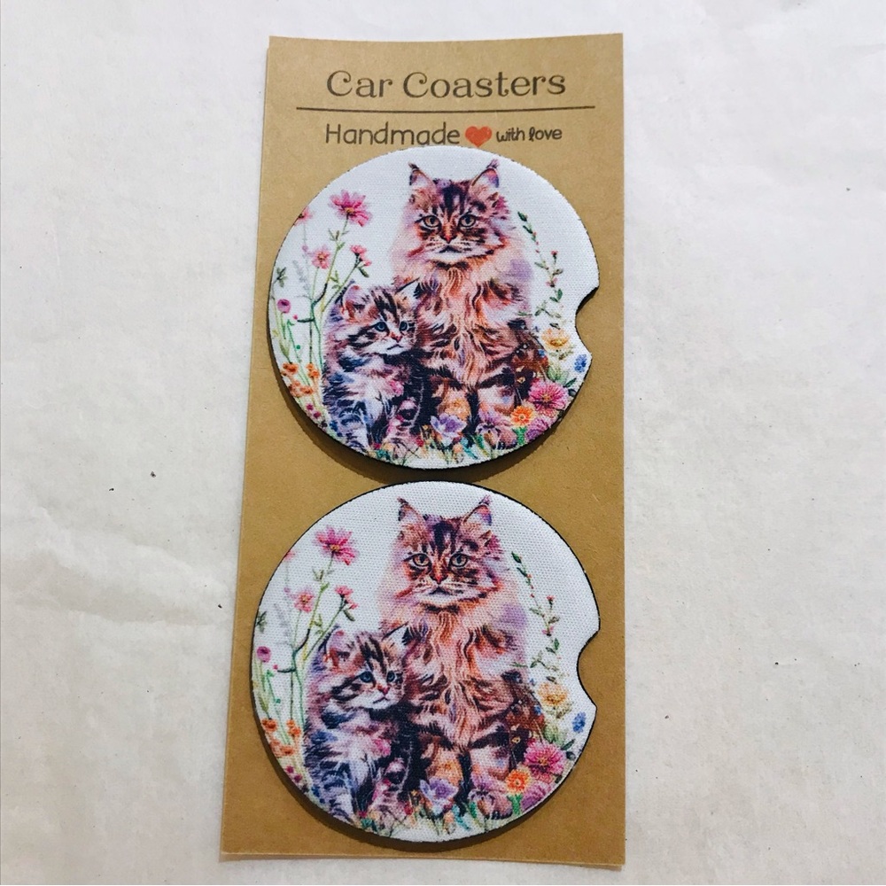 Charming Longhair Cat Car Coasters Set - Floral Design